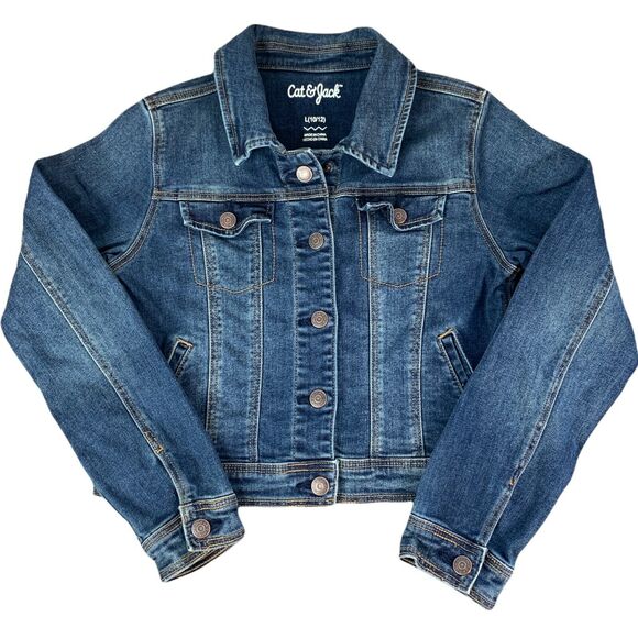 Cat & Jack Girls Youth Denim Jean Jacket Size Large 10/12 Long Sleeve Collared - Picture 1 of 10